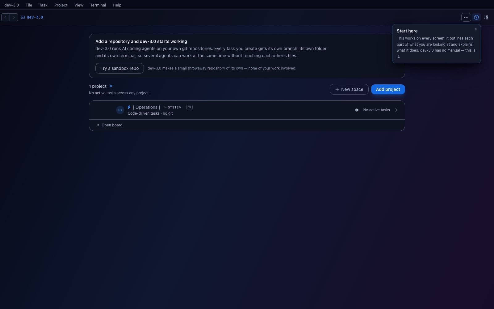 First-run screen with a Try a sandbox repo button