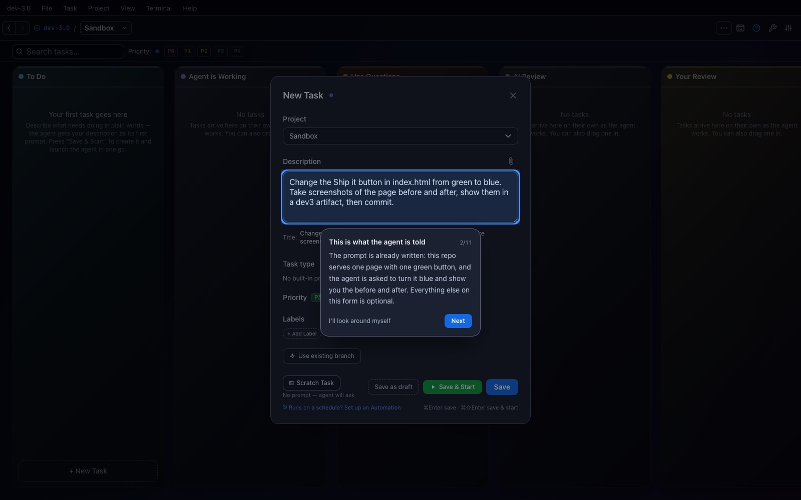 New Task dialog with a prefilled description