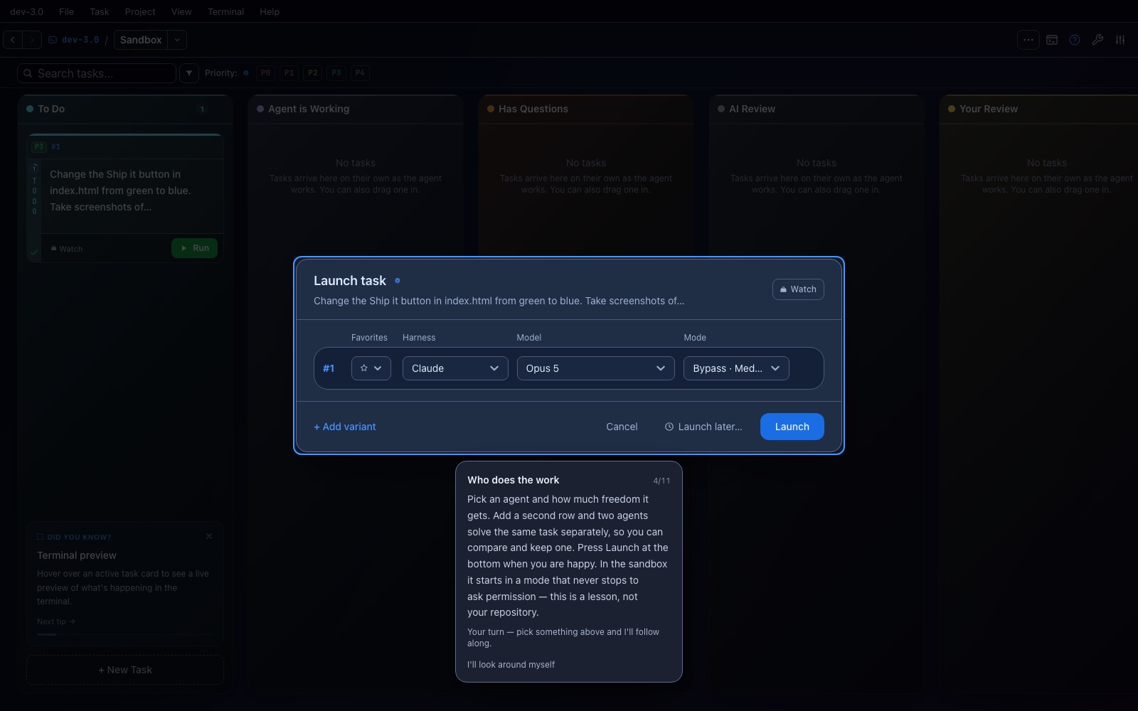 Launch dialog showing harness, model and mode
