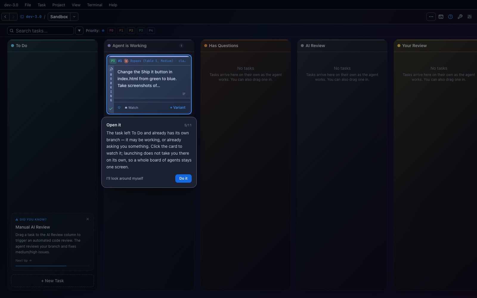 The task card in the Agent is Working column