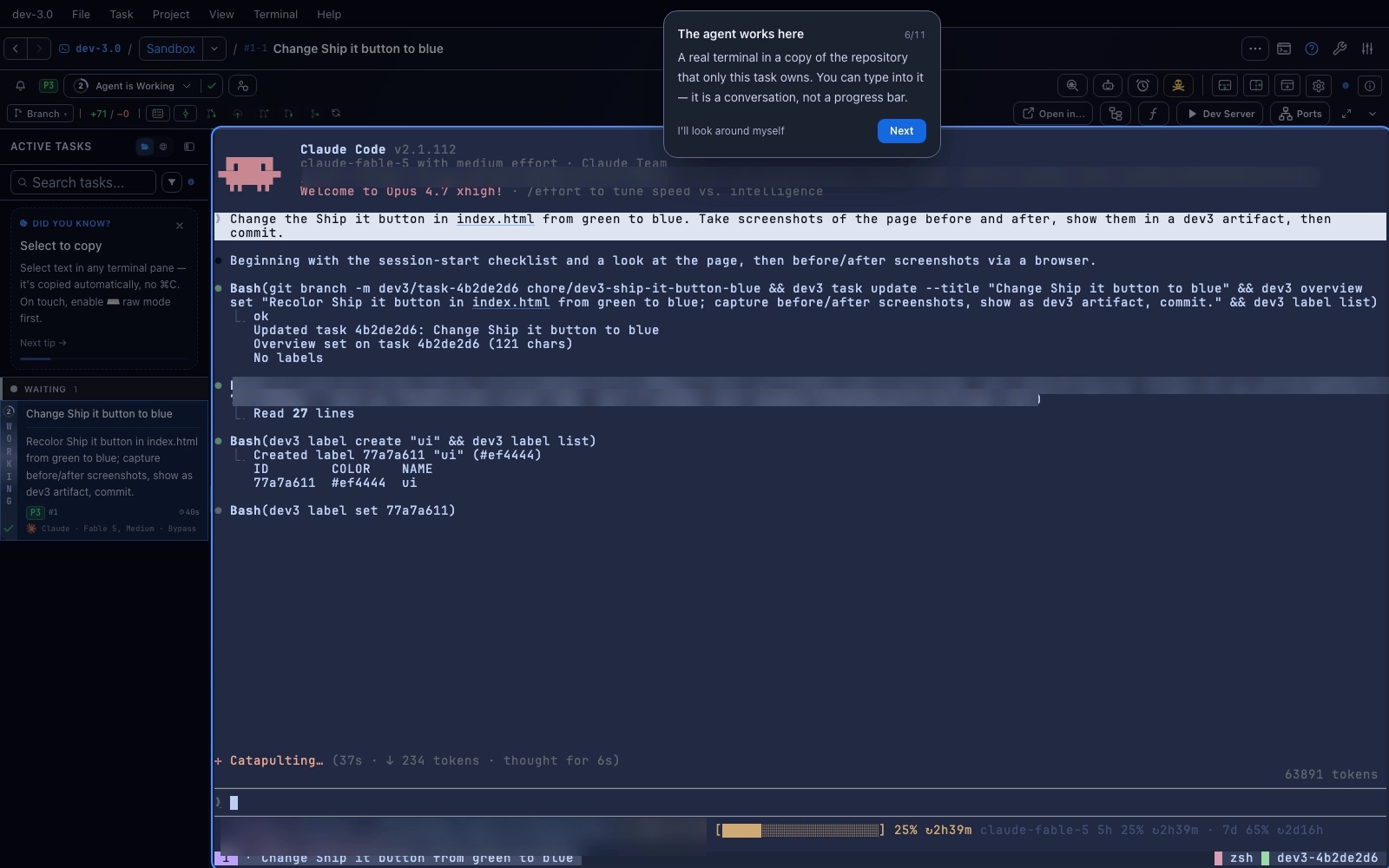 The task screen with a live agent terminal