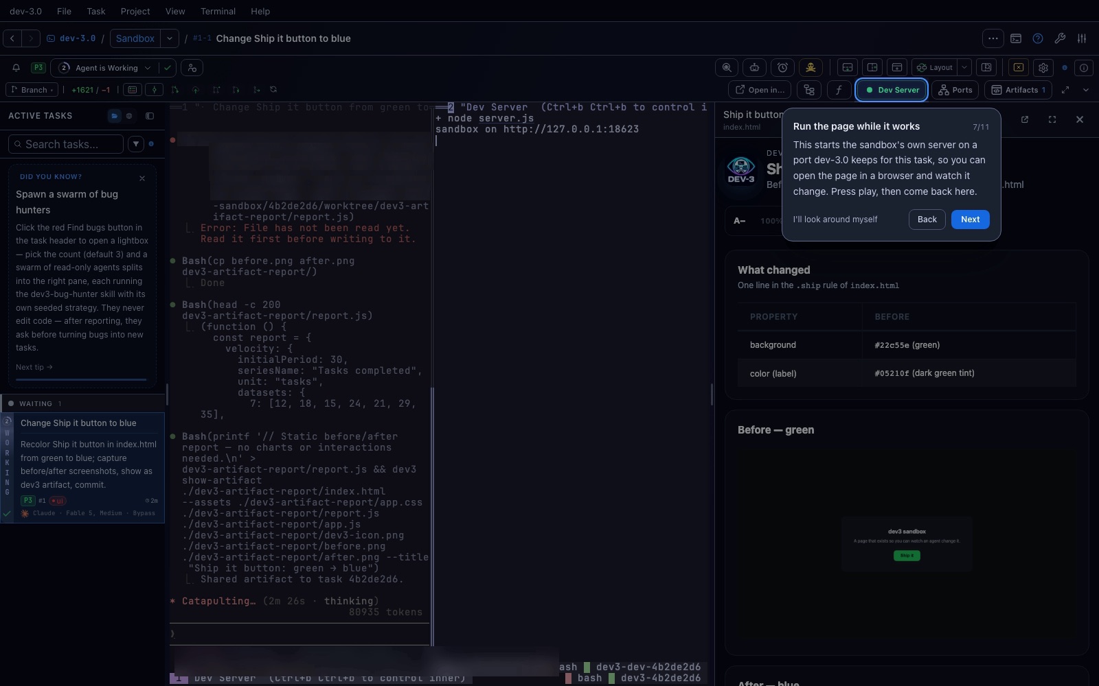 The dev server pane serving the sandbox on a local port