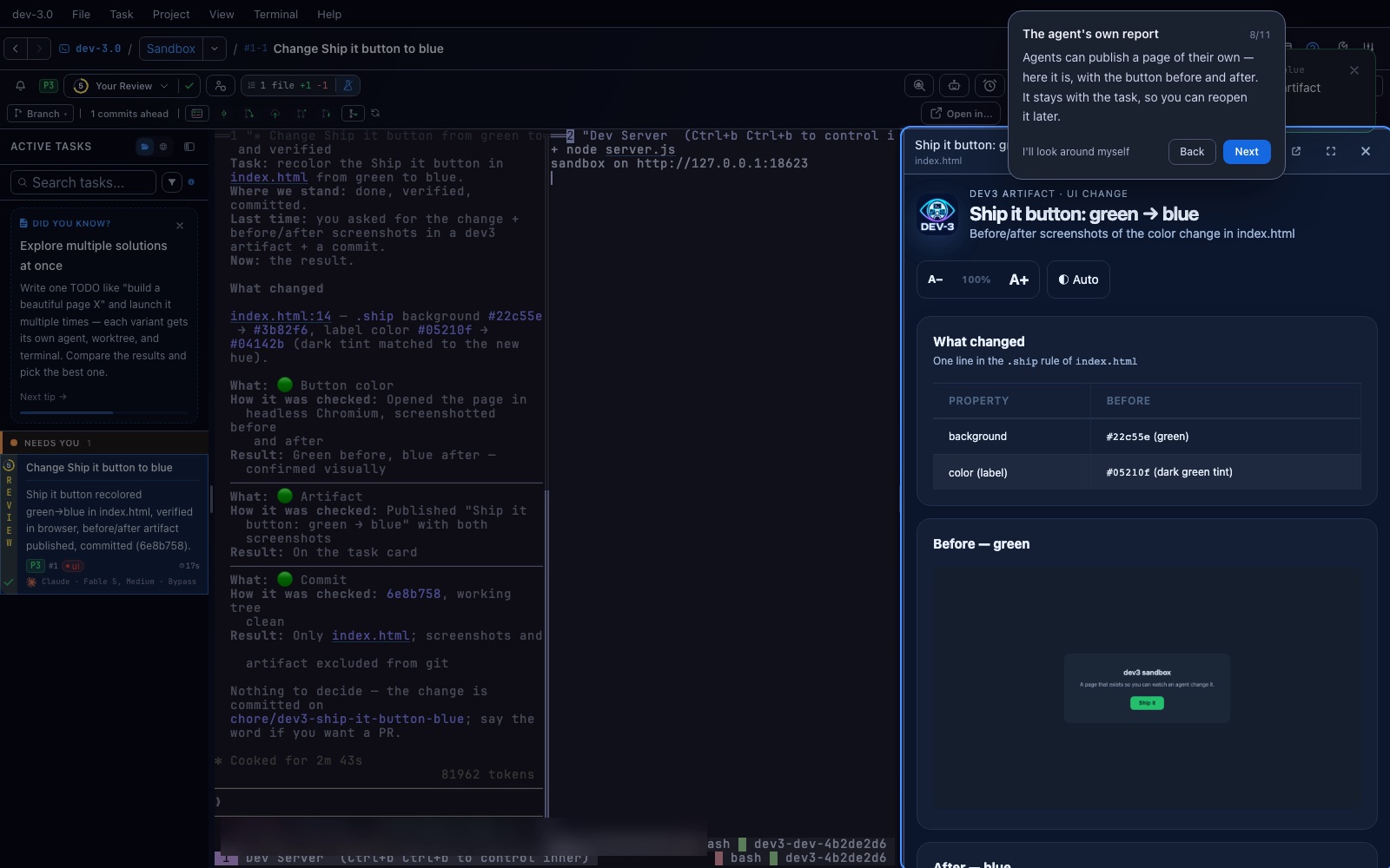 The artifact panel showing the agent's before and after report