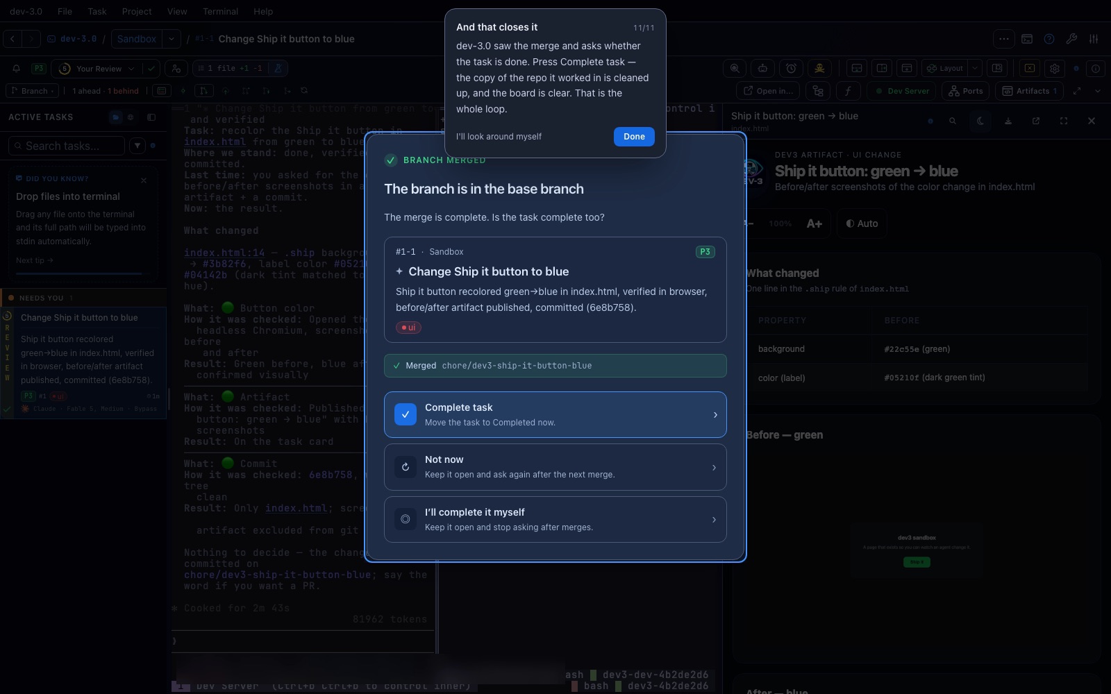The branch merged dialog offering to complete the task