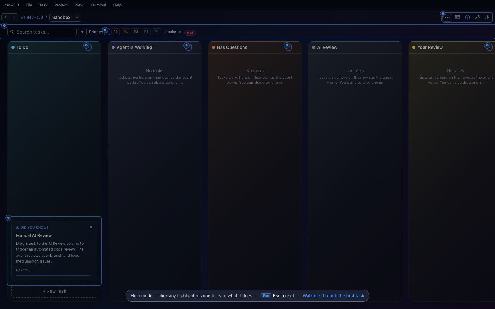 Help mode with a Walk me through the first task link