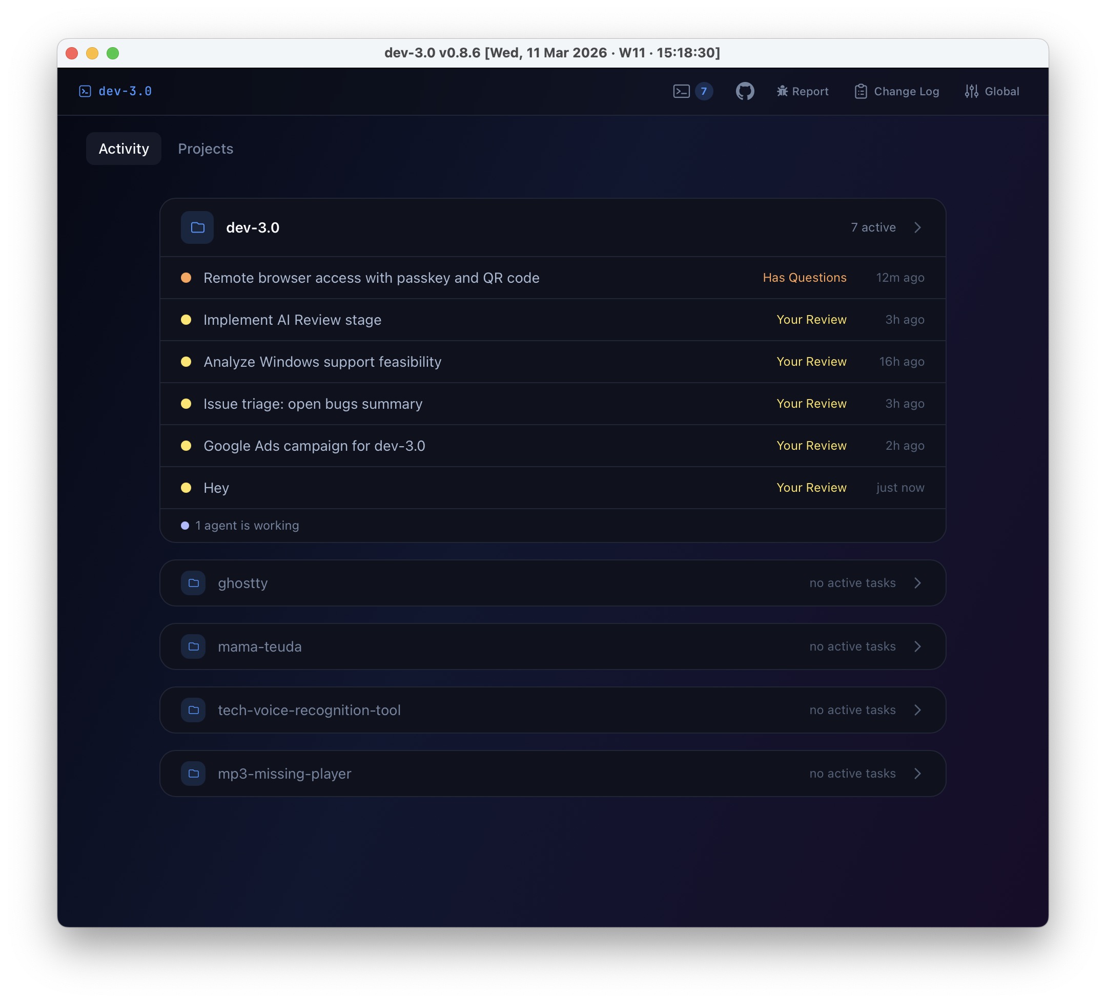 Multi-project activity dashboard with live agent status
