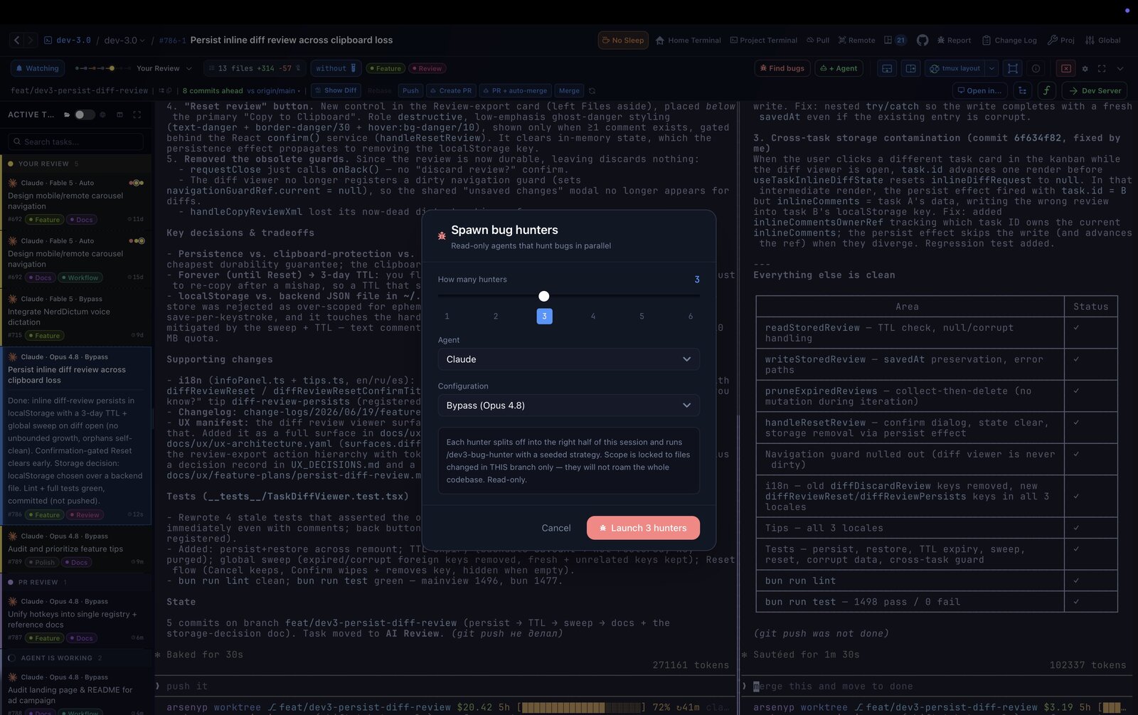 Spawn bug hunters dialog — launch several read-only bug-hunting agents