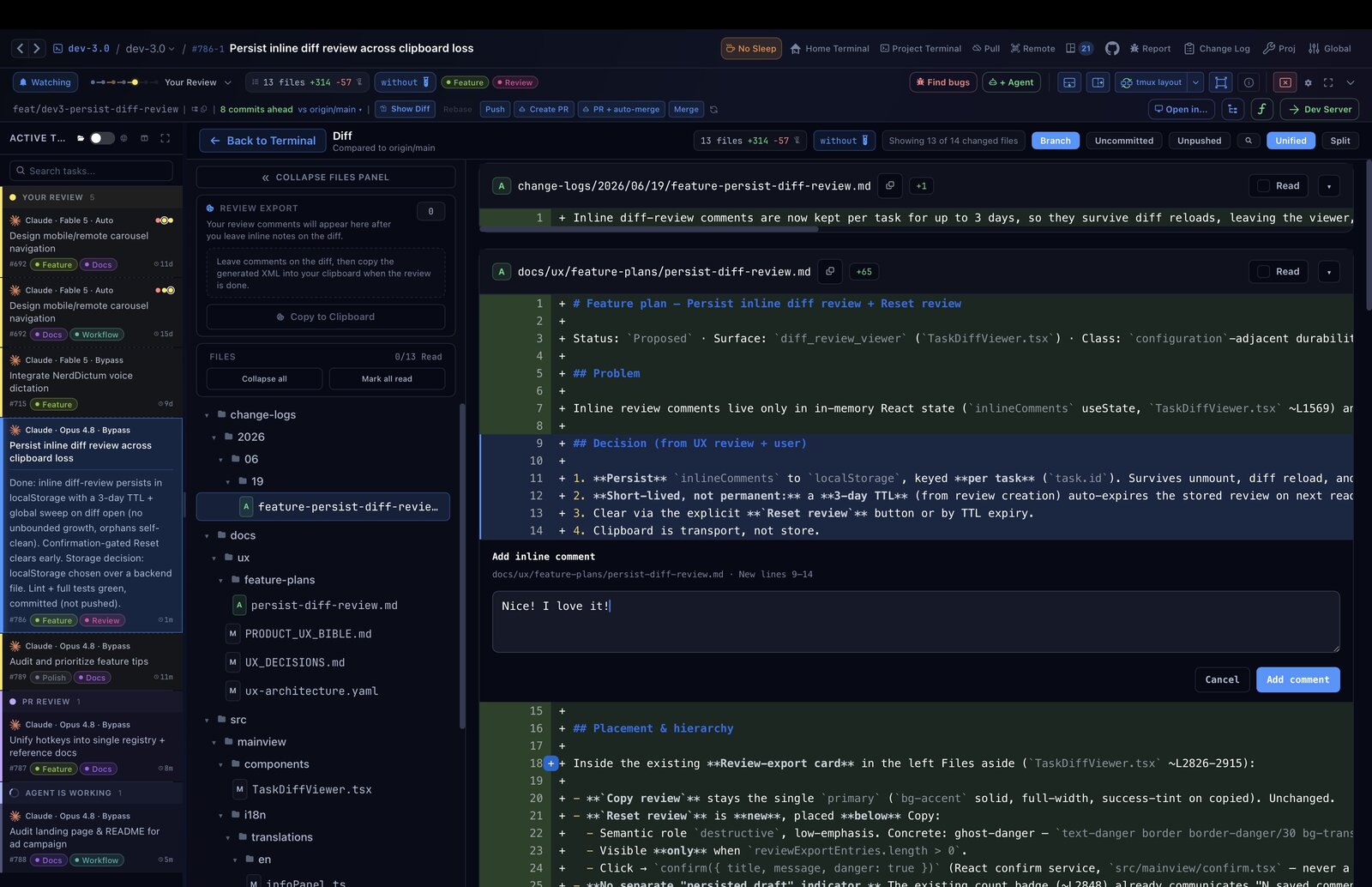 Built-in diff viewer with syntax highlighting and an inline review comment