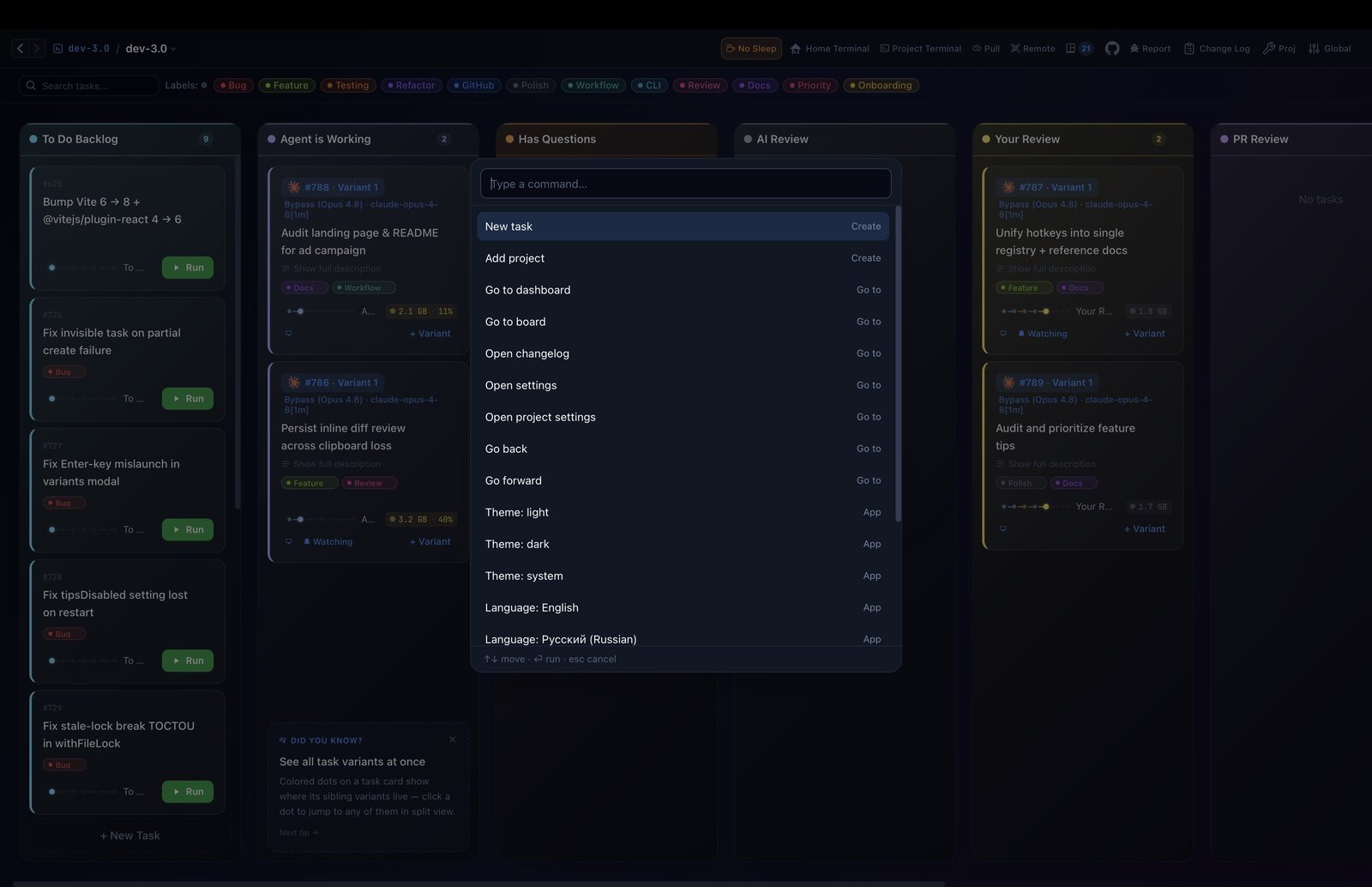 Command palette listing runnable actions