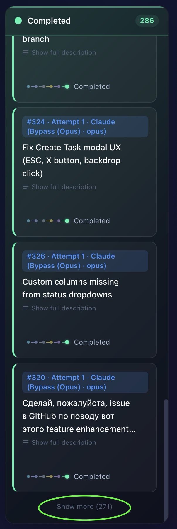 286 completed tasks with pipeline progress indicators