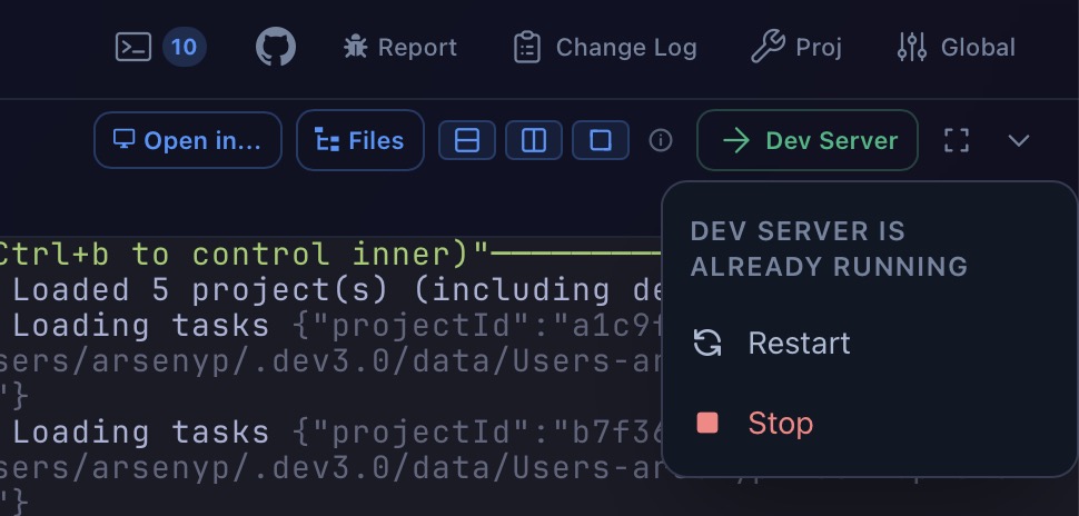 Dev Server controls — launch, restart, stop in one click