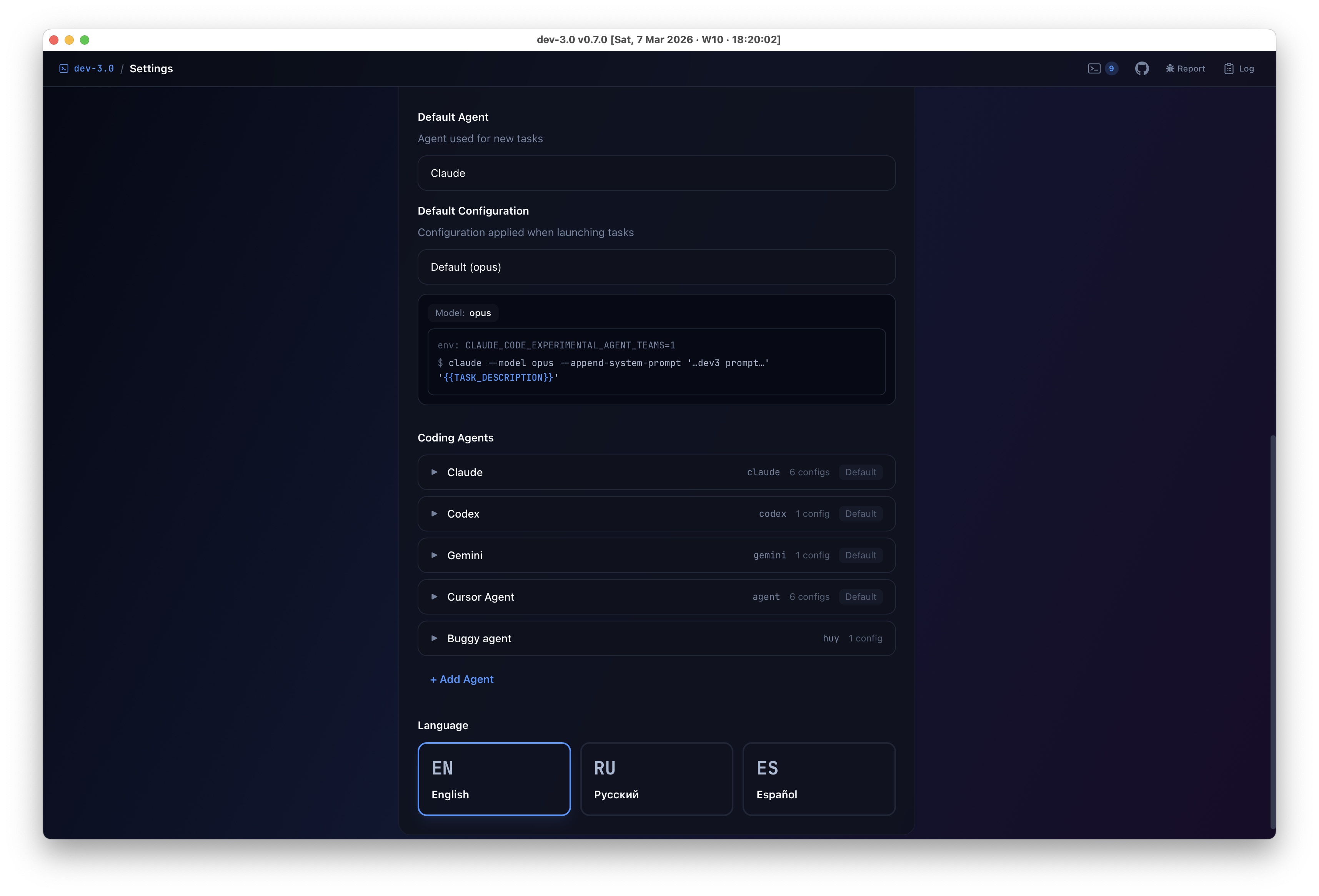 Global settings — agents, configs, languages