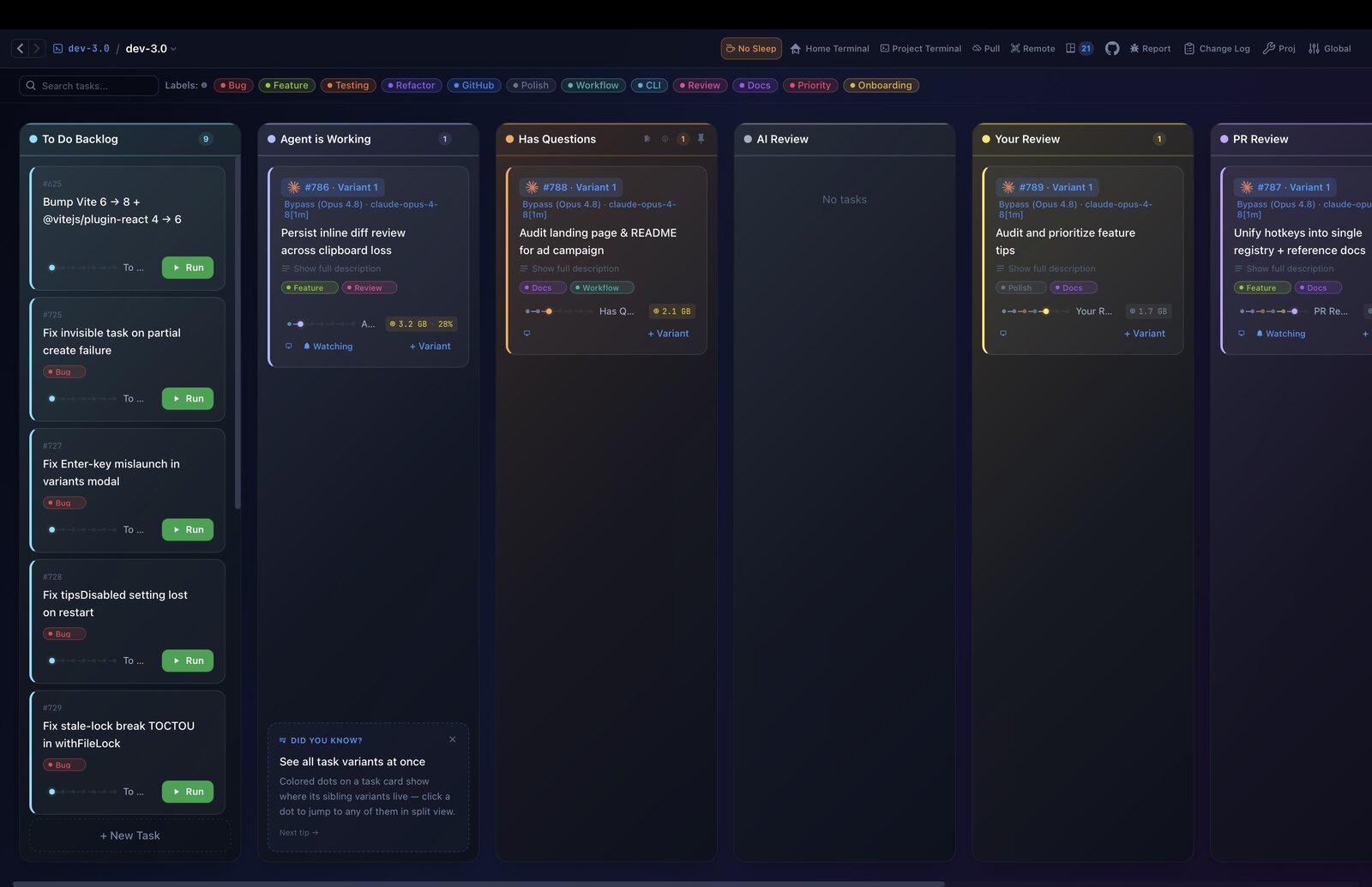 Kanban board — tasks across To Do, Working, Review and Done columns