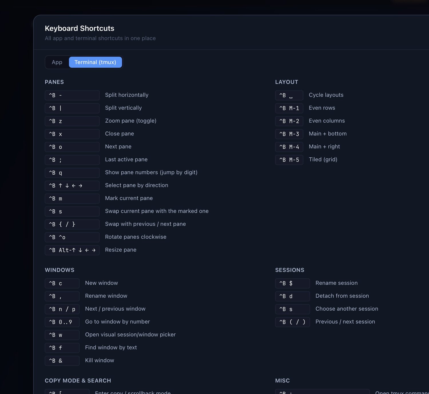 Keyboard Shortcuts panel showing the tmux keymap — panes, layout, windows, sessions