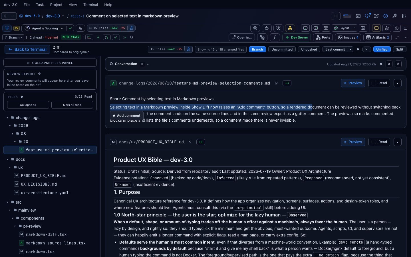 Text selected in a rendered Markdown preview with an Add comment button floating under it