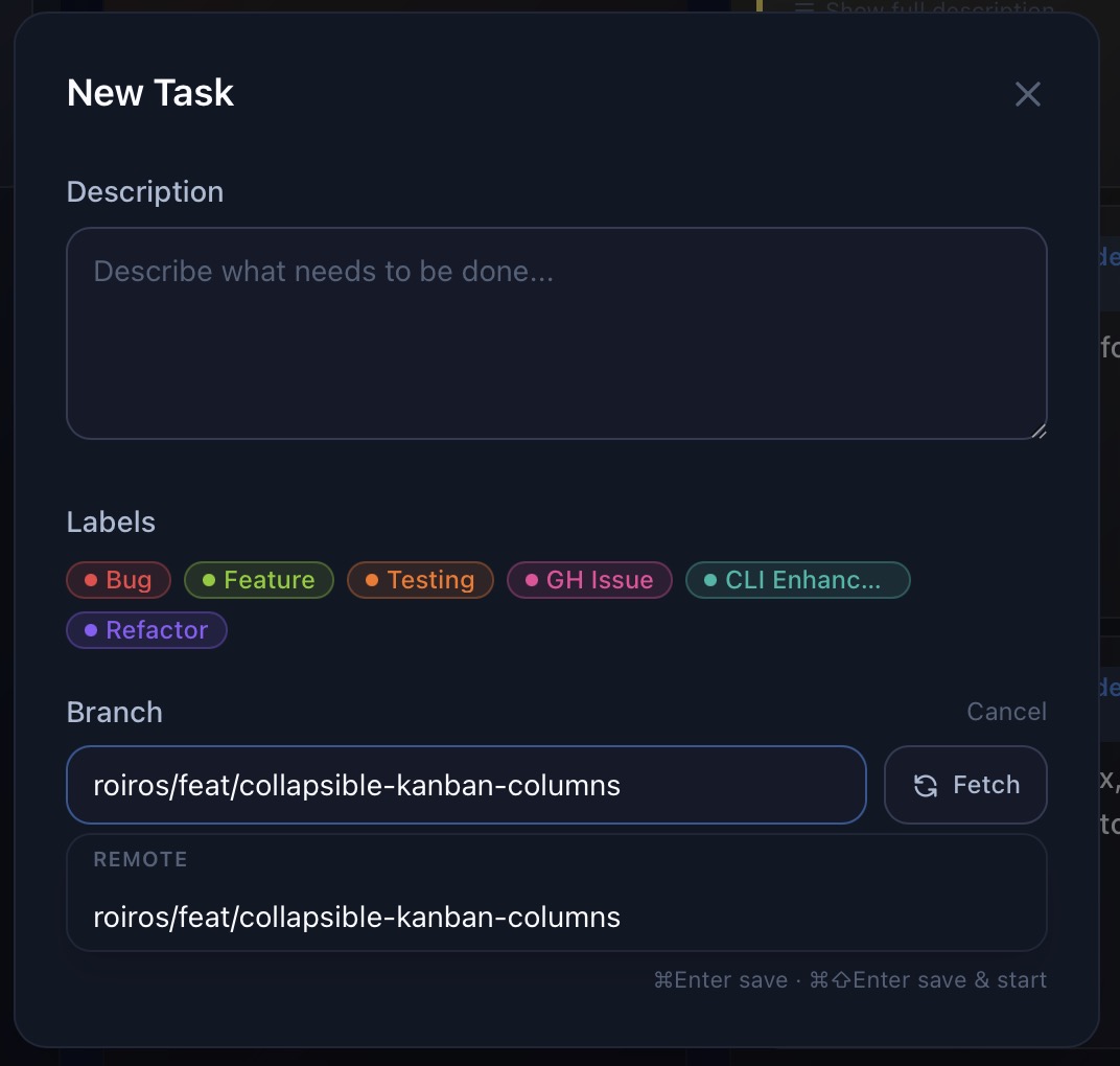 New Task modal with labels and branch fetch