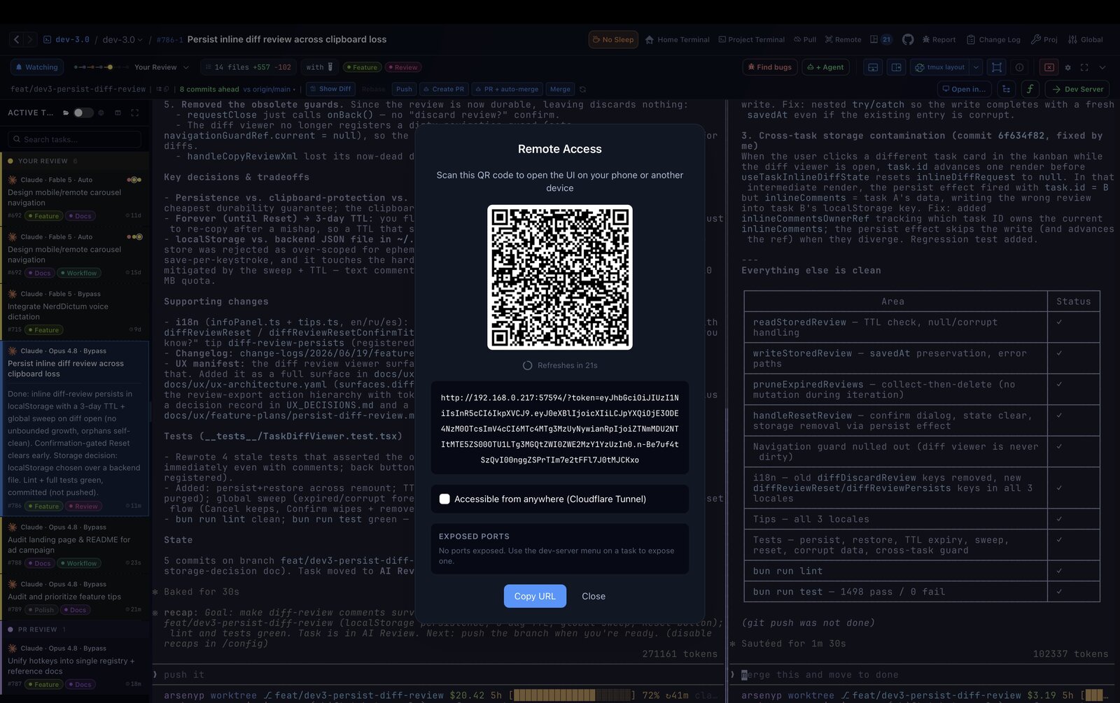 Remote Access modal with a QR code to open the UI on a phone