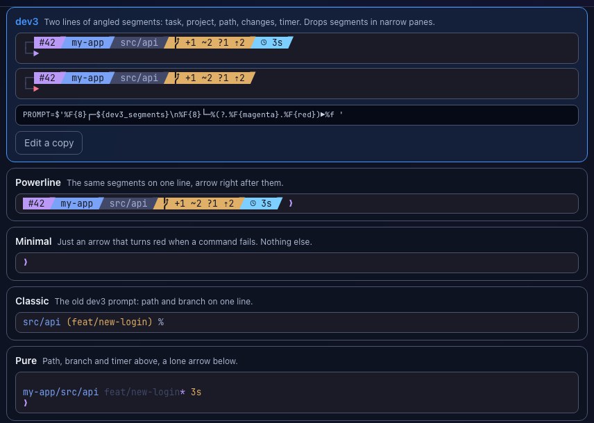 Shell prompt styles with live previews, the selected one showing its source
