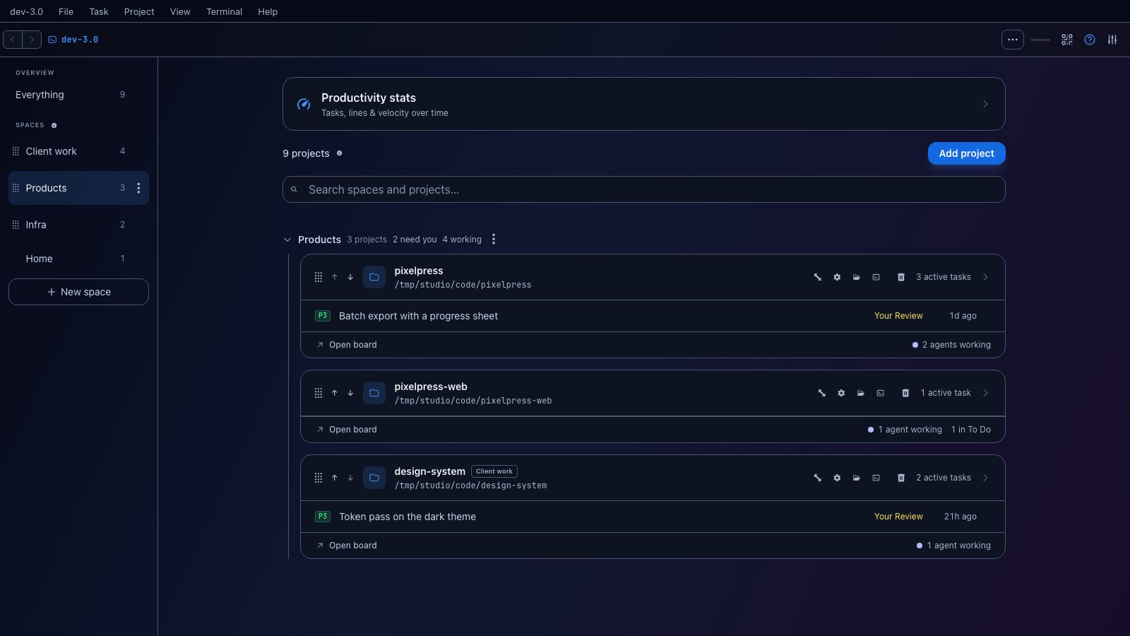 Dashboard filtered to the Products space from the spaces rail