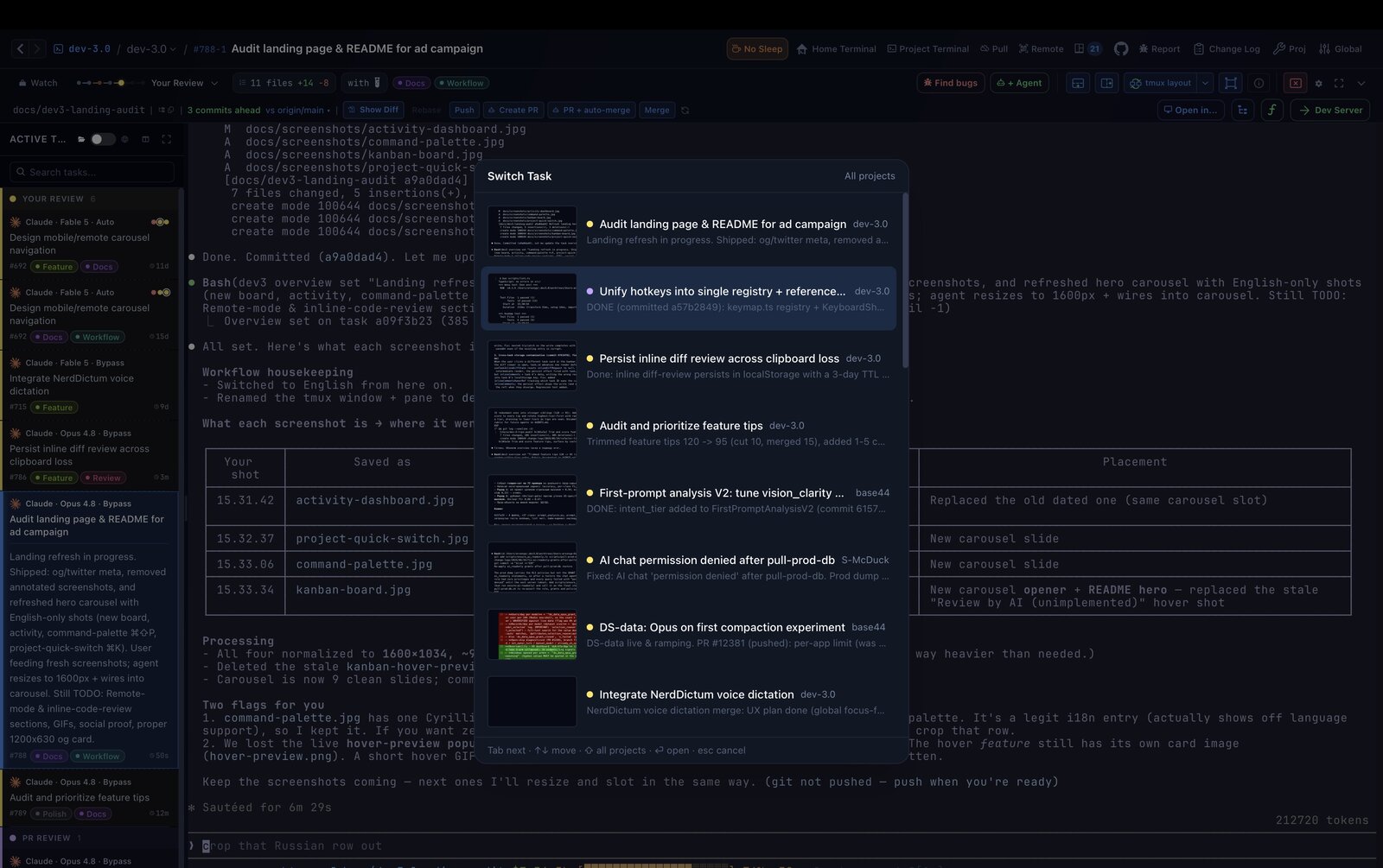 Task switcher overlay with live terminal previews